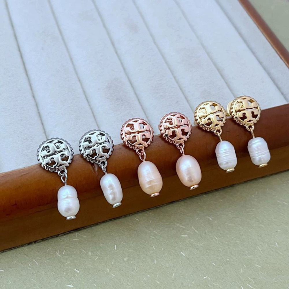 Tory Burch Letter Freshwater Pearl Inlaid Drop Earrings Metal